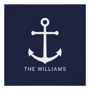 Nautical White Anchor and Custom Name on Navy Blue Poster