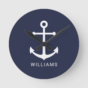 Nautical White Anchor and Custom Name on Navy Blue Round Clock