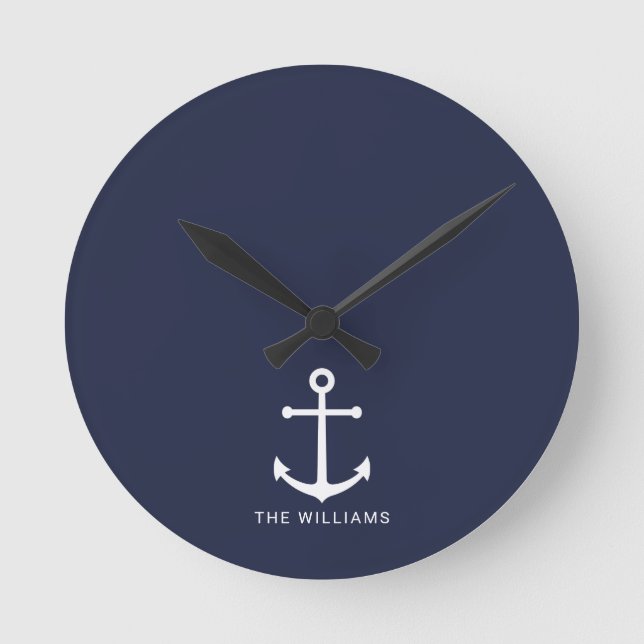 Nautical White Anchor and Custom Name on Navy Blue Round Clock (Front)