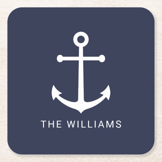 Nautical White Anchor and Custom Name on Navy Blue Square Paper Coaster (Front)