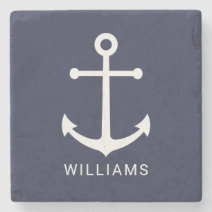 Nautical White Anchor and Custom Name on Navy Blue Stone Coaster