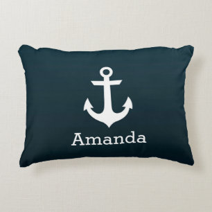 Nautical White Anchor Blue Ombre Personalized Name Accent Pillow