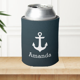 Nautical White Anchor Blue Ombre Personalized Name Can Cooler