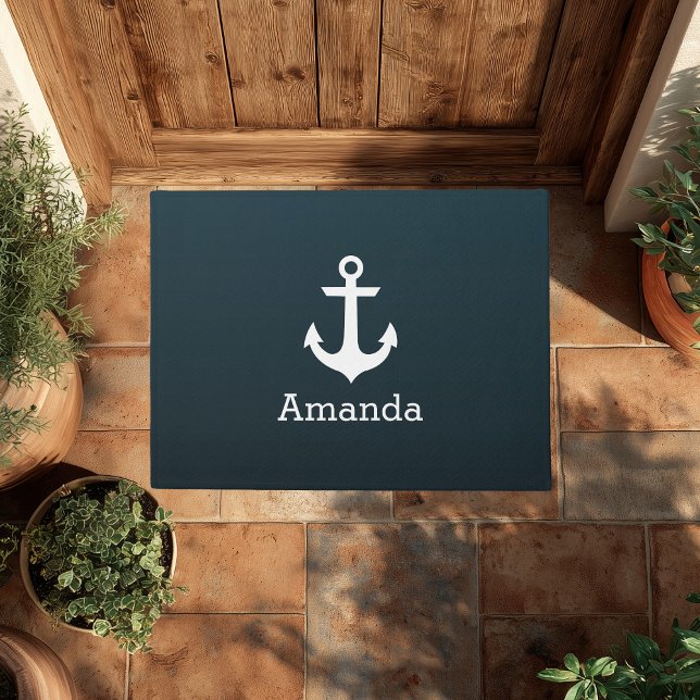 Nautical White Anchor Blue Ombre Personalized Name Doormat (Creator Uploaded)