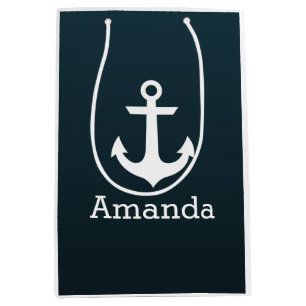 Nautical White Anchor Blue Ombre Personalized Name Medium Gift Bag