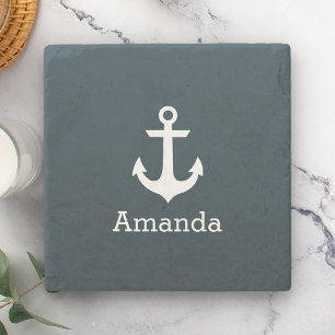 Nautical White Anchor Blue Ombre Personalized Name Stone Coaster