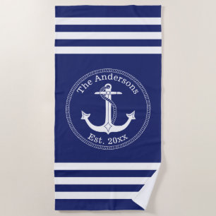 Nautical White Anchor Family Name Choose Colour Beach Towel