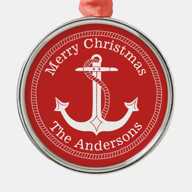 Nautical White Anchor Family Name Christmas Metal Ornament (Front)