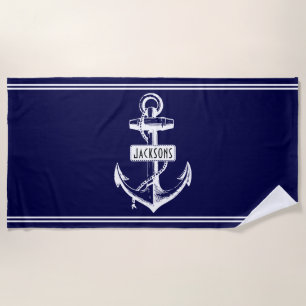 Nautical white anchor, name and lines navy blue beach towel