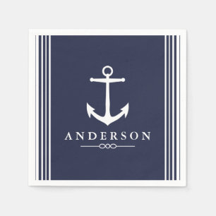 Nautical White Anchor & Navy Blue Personalized Napkin