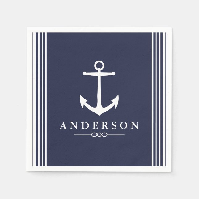 Nautical White Anchor & Navy Blue | Personalized Napkin (Front)