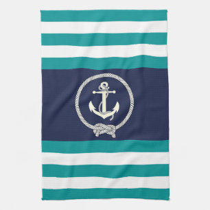 Nautical white anchor/navy knot/aqua/white stripe kitchen towel