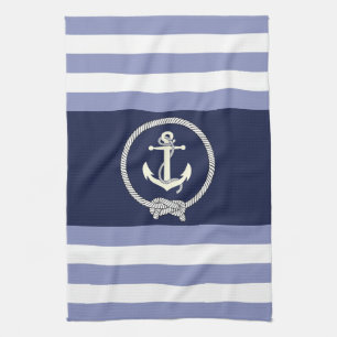 Nautical white anchor/navy knot/blue/white stripe kitchen towel