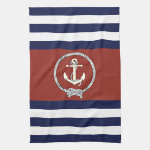 Nautical white anchor/navy knot/blue/white stripe kitchen towel