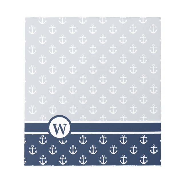 Nautical white anchor on a navy blue background notepad (Front)