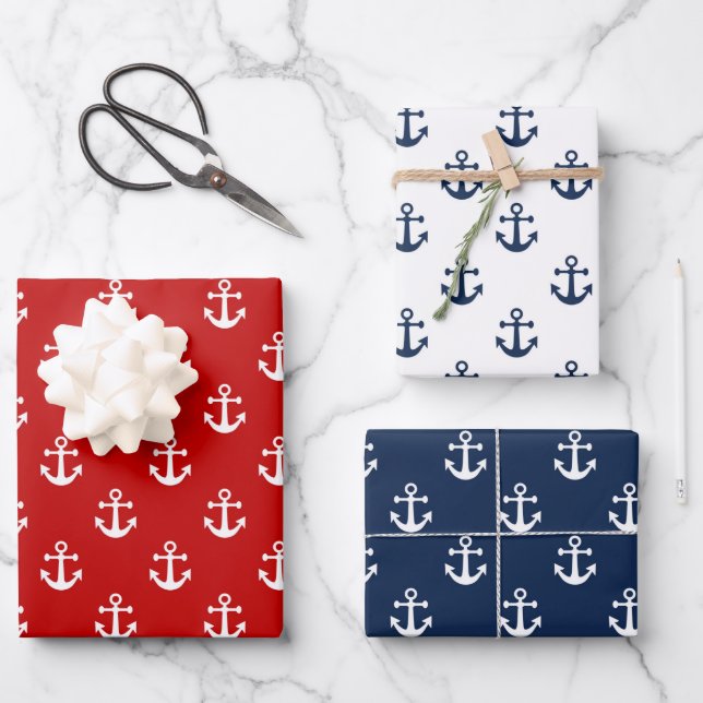 Nautical white anchor on a red background wrapping paper sheet (Front)