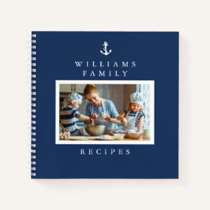 Nautical White Anchor on Blue Family Photo Recipe Notebook