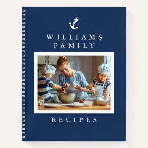 Nautical White Anchor on Blue Family Photo Recipe Notebook