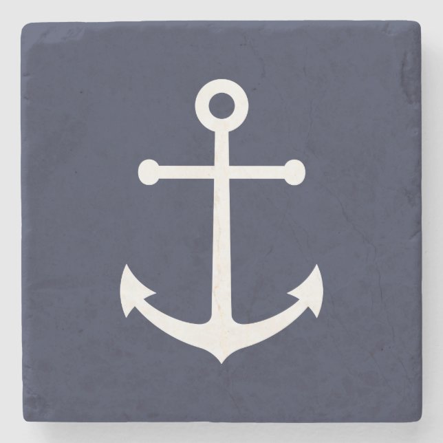 Nautical White Anchor on Navy Blue Stone Coaster (Front)