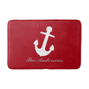 Nautical White Anchor on Red, Personalized Bath Mat