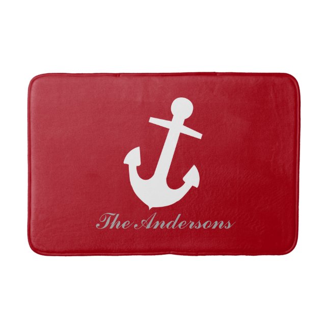Nautical White Anchor on Red, Personalized Bath Mat (Front)