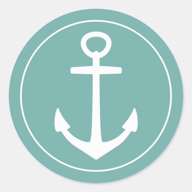 Nautical White Anchor on Teal Classic Round Sticker (Front)