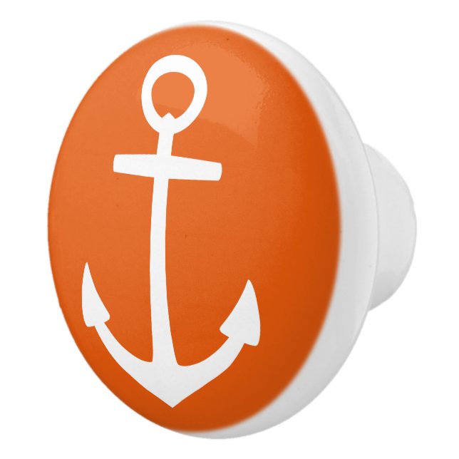 Nautical White Anchor on Wild Tangerine Ceramic Knob (Right)