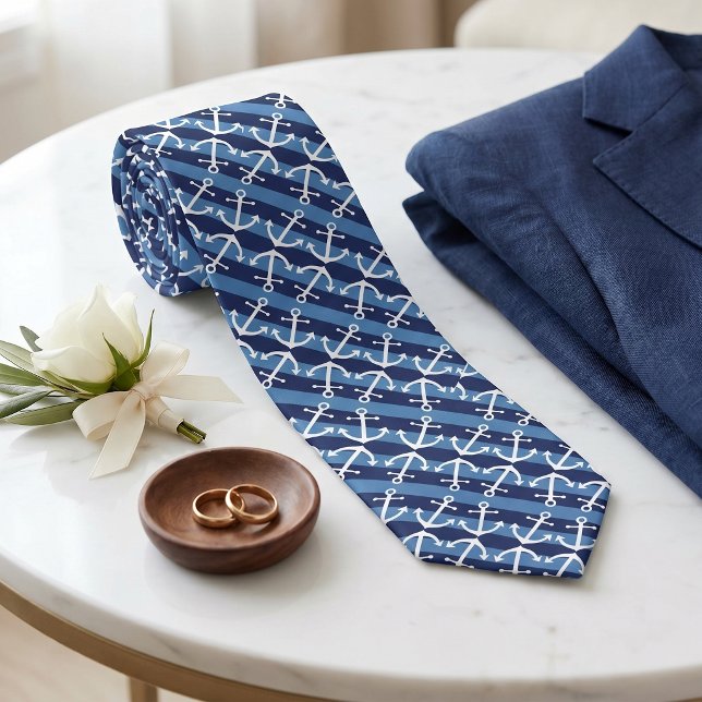 Nautical White Anchor Pattern Azure Blue Stripes Tie (Creator Uploaded)
