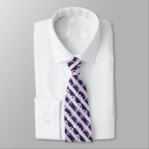 Nautical White Anchor Pattern Pastel Pink Stripes Tie