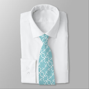 Nautical White Anchor Pattern Seafoam Green Blue Tie