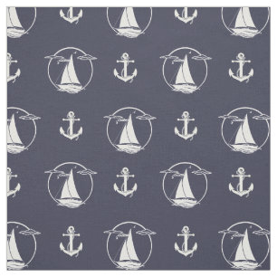 Nautical white anchor/white sailboat silhouette fabric