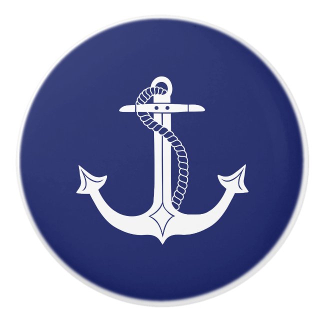 Nautical White Anchor with Rope on Navy Blue Ceramic Knob (Front)