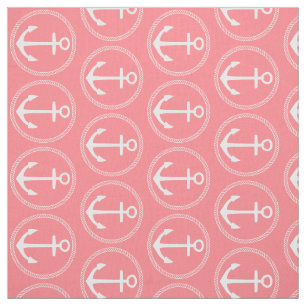 Nautical White Anchors and Rope on Coral Pink Fabric