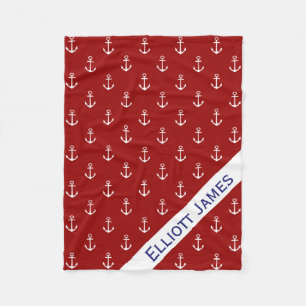 Nautical White Anchors on Red Personalized Fleece Blanket