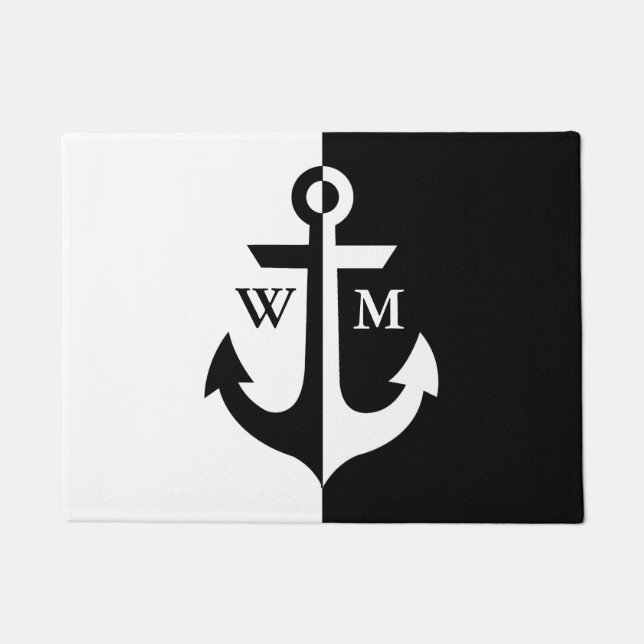 Nautical White and Black Anchor Monogram Doormat (Front)