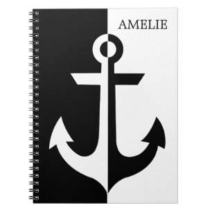 Nautical White and Black Anchor {pick your colour} Notebook