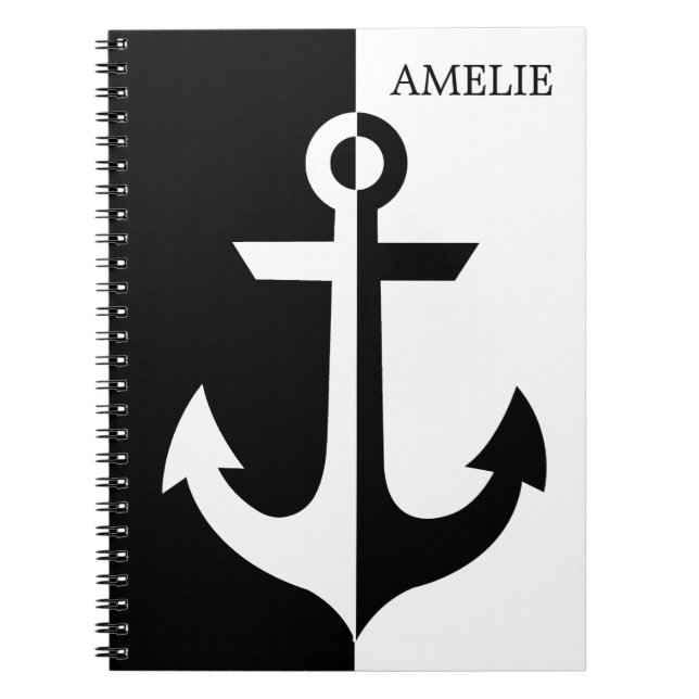 Nautical White and Black Anchor {pick your colour} Notebook (Front)