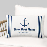 Nautical White and Navy Custom Boat Name Lumbar Pillow<br><div class="desc">Nautical lumbar throw pillow in a horizontal format features an elegant boat anchor with preppy horizontal stripes. Personalize the custom text with your boat name and location. Design includes a classic coastal white and navy blue colour scheme. Two-sided pillow is available in indoor and outdoor fabric options.</div>