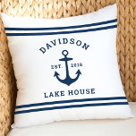 Nautical White and Navy Custom Family Lake House Throw Pillow<br><div class="desc">Nautical fleece "Lake House" throw pillow features a coastal style boat anchor and stripes design. Personalize the custom text with a family last name   lake house (or other title) with the year established. Classic white and navy blue (can be modified) colour scheme. Indoor and outdoor pillow fabrics available.</div>