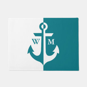 Nautical White and Teal Anchor Monogram Doormat