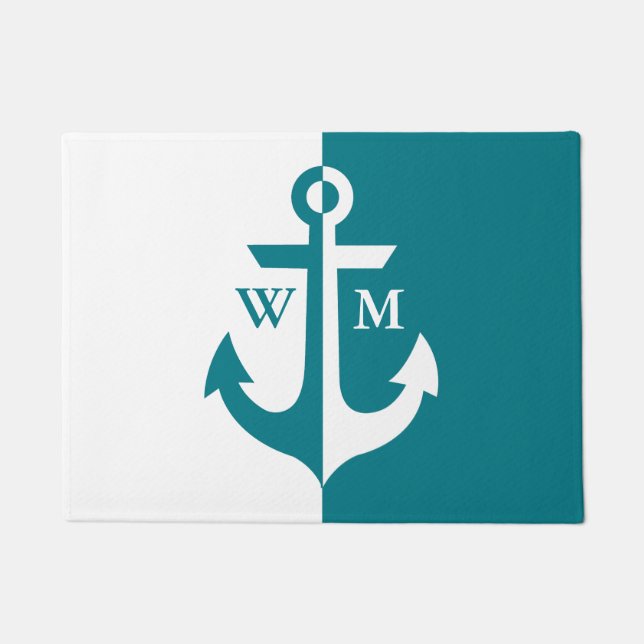 Nautical White and Teal Anchor Monogram Doormat (Front)