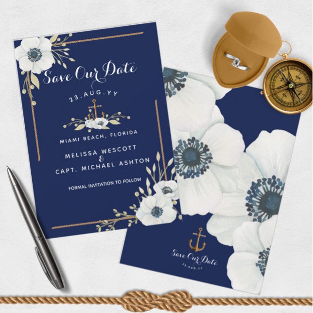 Nautical White Anemone & Navy Blue Anchor Wedding Save The Date (Navy Blue & White Anemone Nautical Save Our Date Announcements)