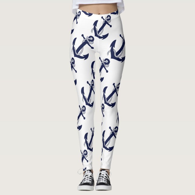 Nautical White & Blue Anchor Leggings (Front)
