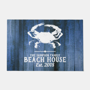 Nautical White Crab Silhouette Blue Wood Beach Doormat