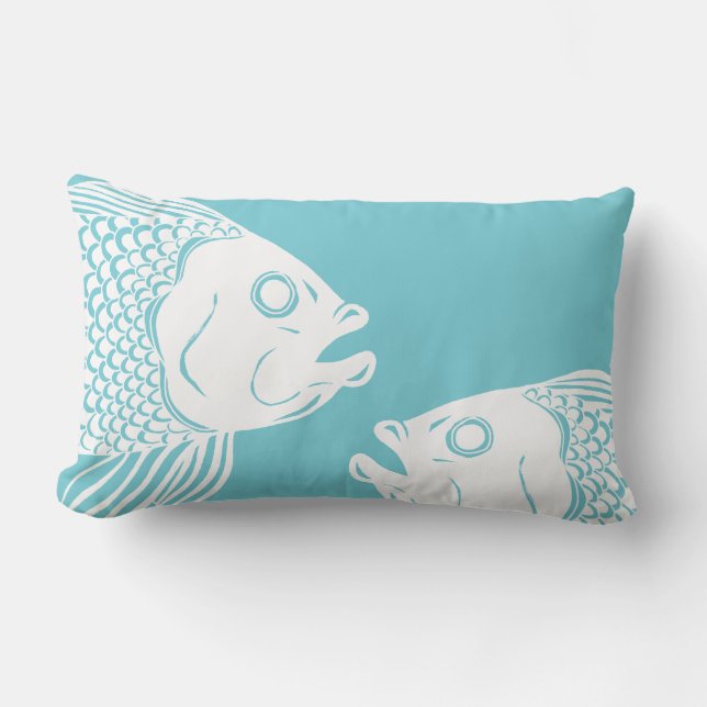 Nautical White Fish Heads & Blue Lumbar Pillow (Front)