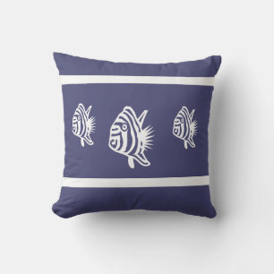 Nautical white fish on navy blue coastal living outdoor pillow