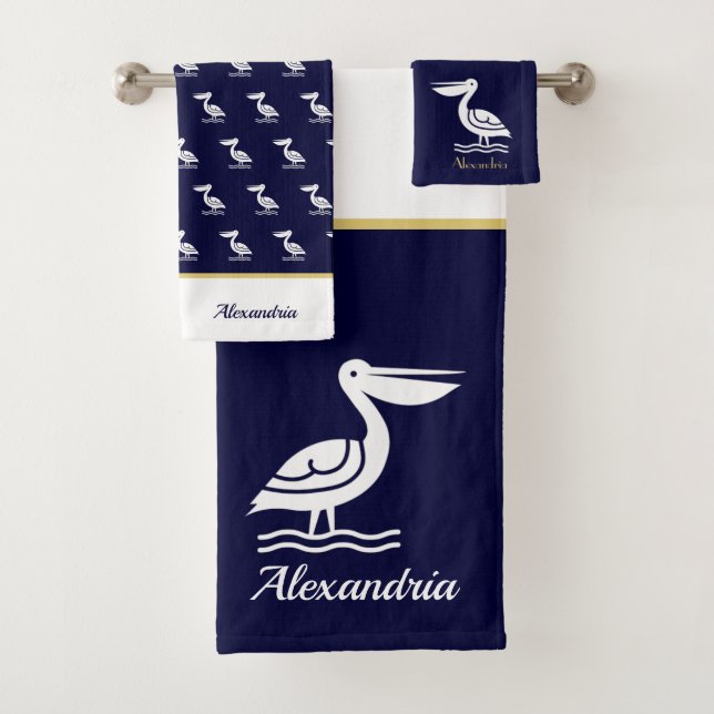 Nautical white gold and navy blue pelican bath towel set (Insitu)