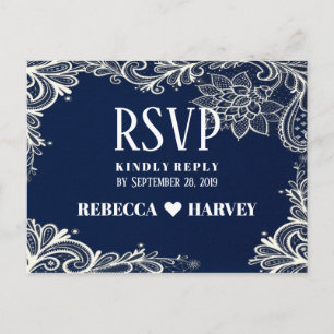 nautical white lace navy blue wedding RSVP Invitation Postcard