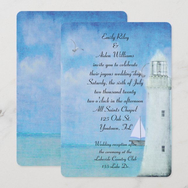 Nautical White Lighthouse wedding Invitation (Front/Back)