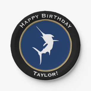 Nautical White Marlin Happy Birthday with Name Paper Plate